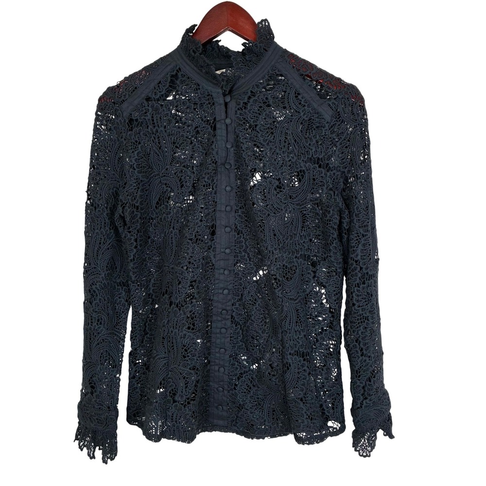 Soft Surroundings Top S Lace Victorian High Neck Ruffle Gothic Long Sleeve Black